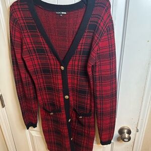Fashion Nova Red and Black Checkered Cardigan